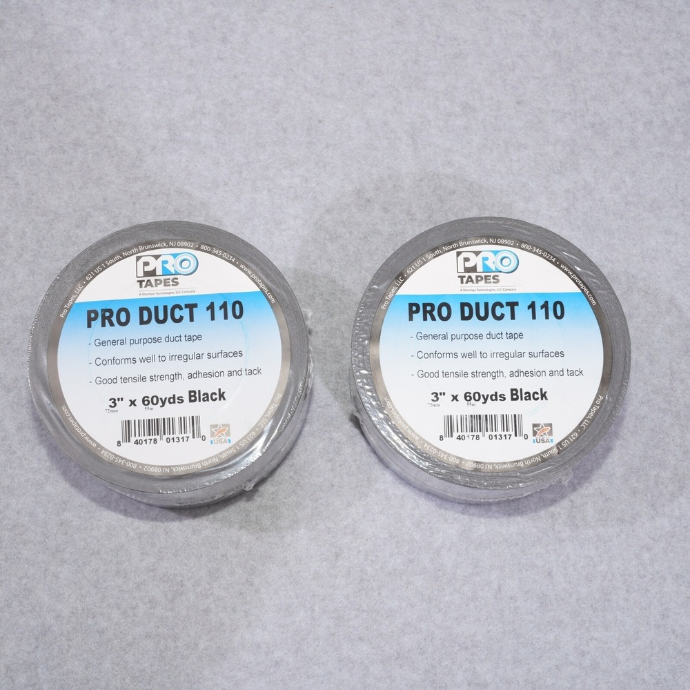 2 Rolls ProTapes Pro 110 3" x 60yd Black Duct‎ Tape PE-Coated Cloth Heavy Duty